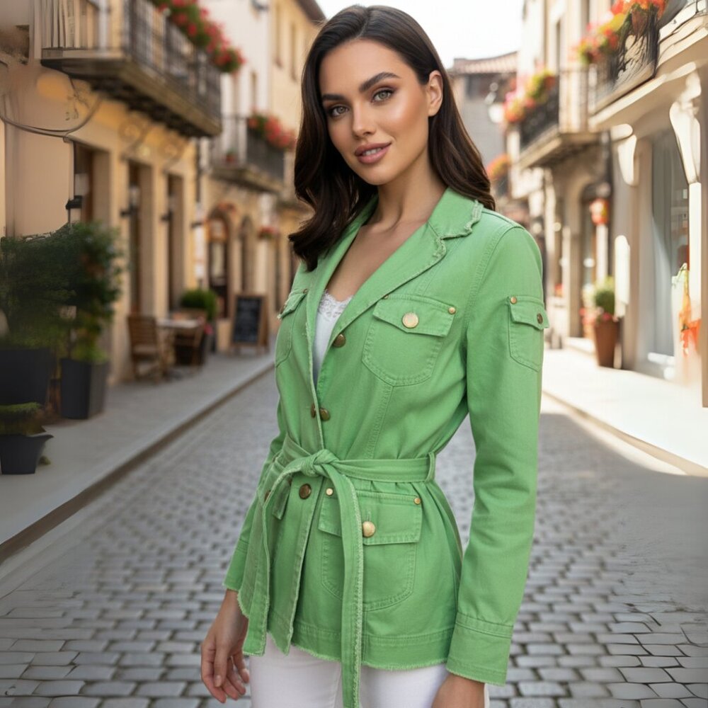 Twill Twenty Two Kelly Green Utility Jacket, Tie Waist Blazer Style, Size Medium